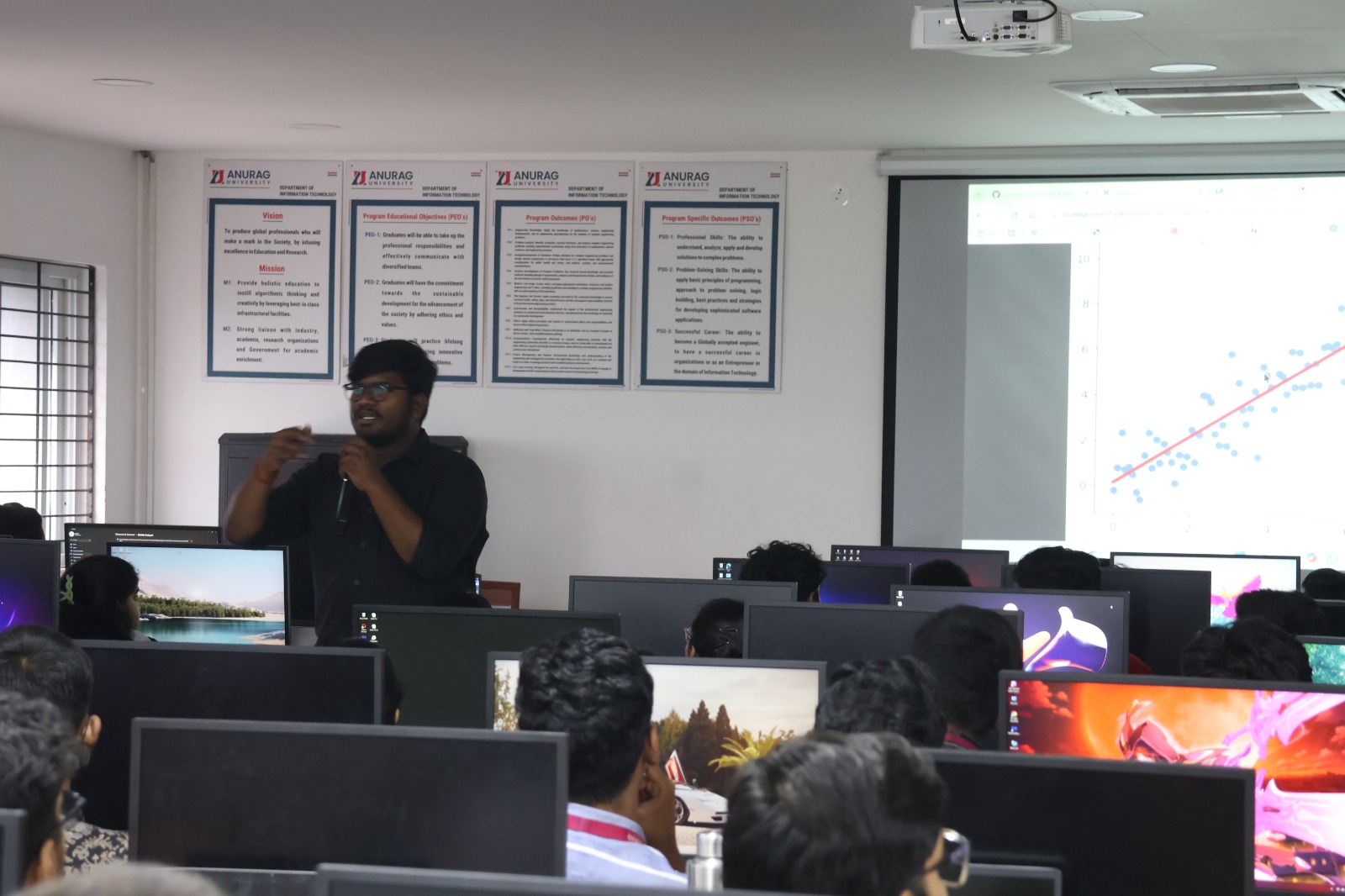 A TechM4India mentor with a microphone in a computer lab, a scatter plot with a regression line on the screen