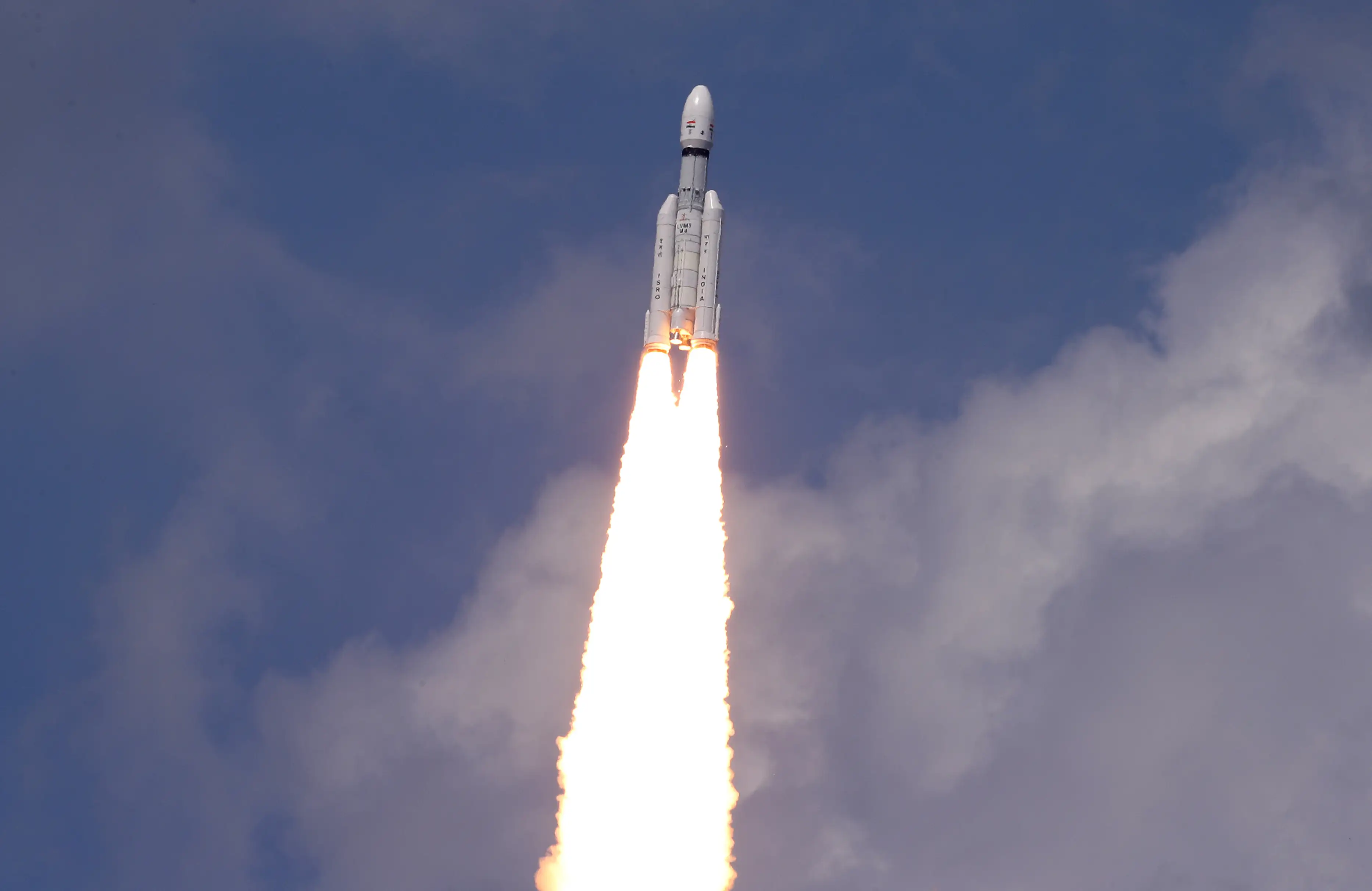 An ISRO launch vehicle rising through the sky